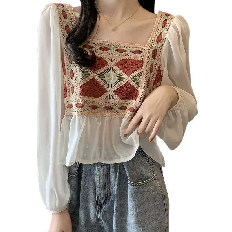 Western Style Design Autumn Korean Fashion Long-sleeved Chiffon Shirt Tanks