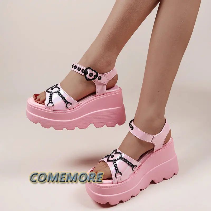 Summer Platform Women Sandals Gothic Lolita Kawaii Girls Luxury Trend Punk Casual Beach Wedges Heel Pink Black Fashion 2024 New