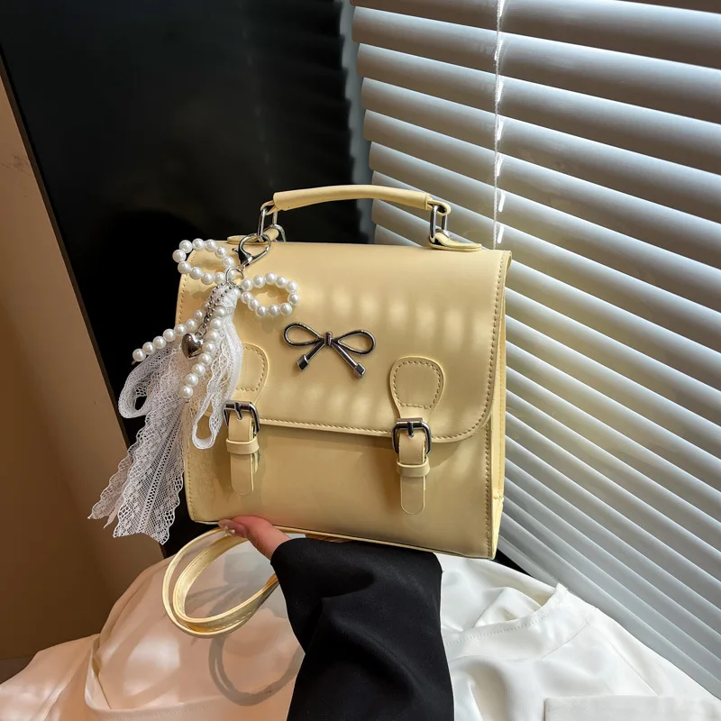 Lovely silk scarf bow pearl college style shoulder girl bag sweet schoolbag hand square shoulder bag Kawaii