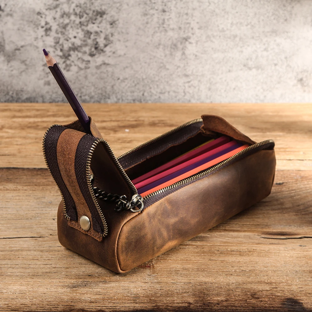 CONTACT'S FAMILY Leather Zipper Pen Pencil Case Bag Handmade Vintage Creative School Stationary Pen Pouch Holder Large Capacity