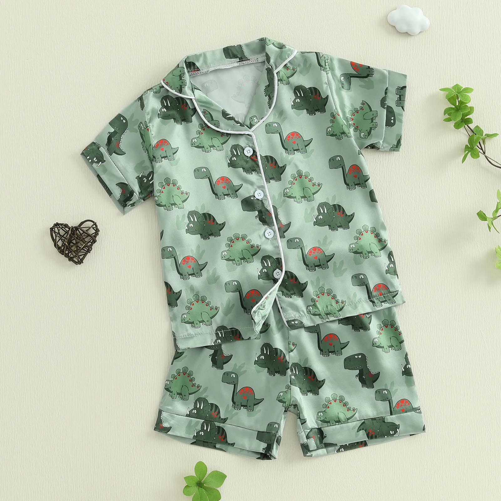 Kids Boys Summer Pajama Sets Dinosaur Print Turn-Down Collar Short Sleeve Shirts Elastic Waist Shorts Suit Sleepwear Loungewear