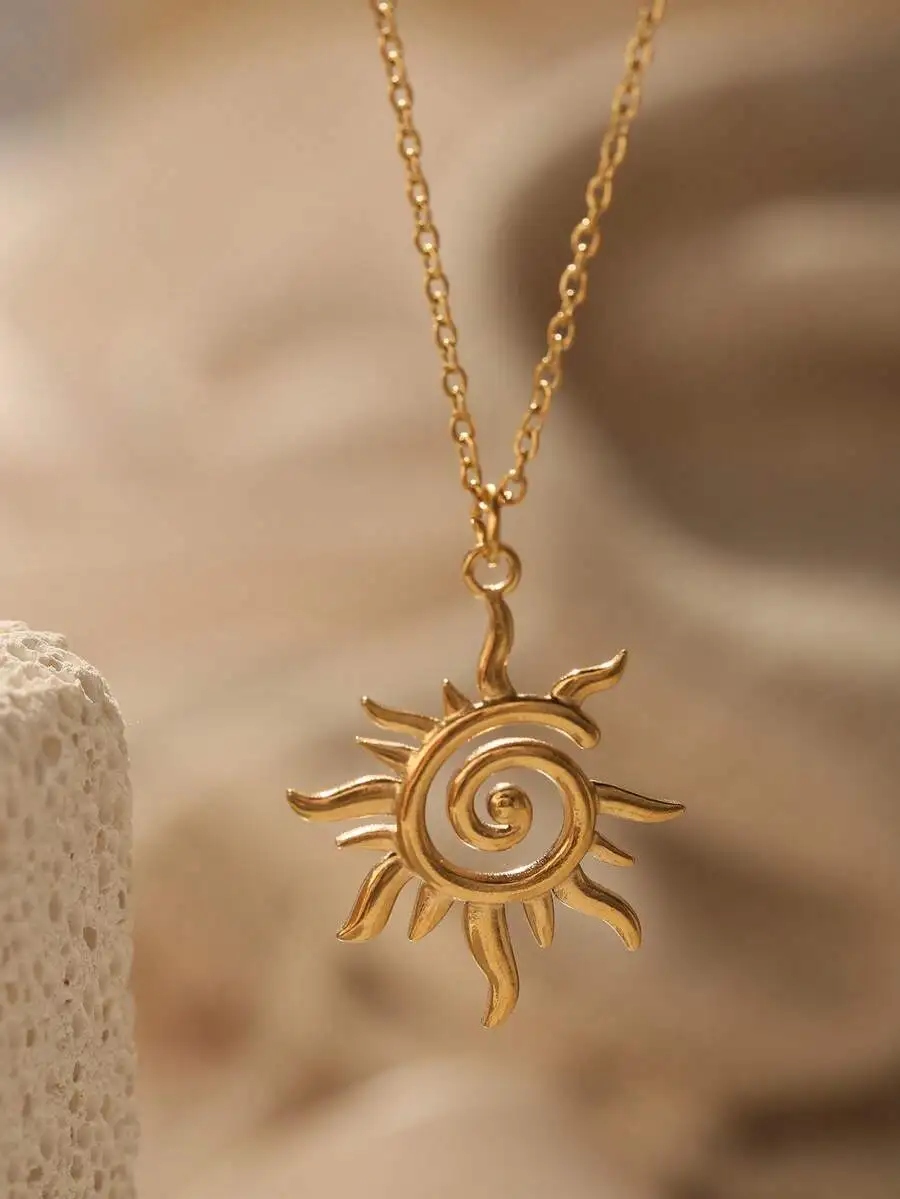 1 ud. Collar delicado de acero inoxidable con baño de oro de 18k, colgante en espiral con diseño de rayos de sol para mujer, cadena para clavícula