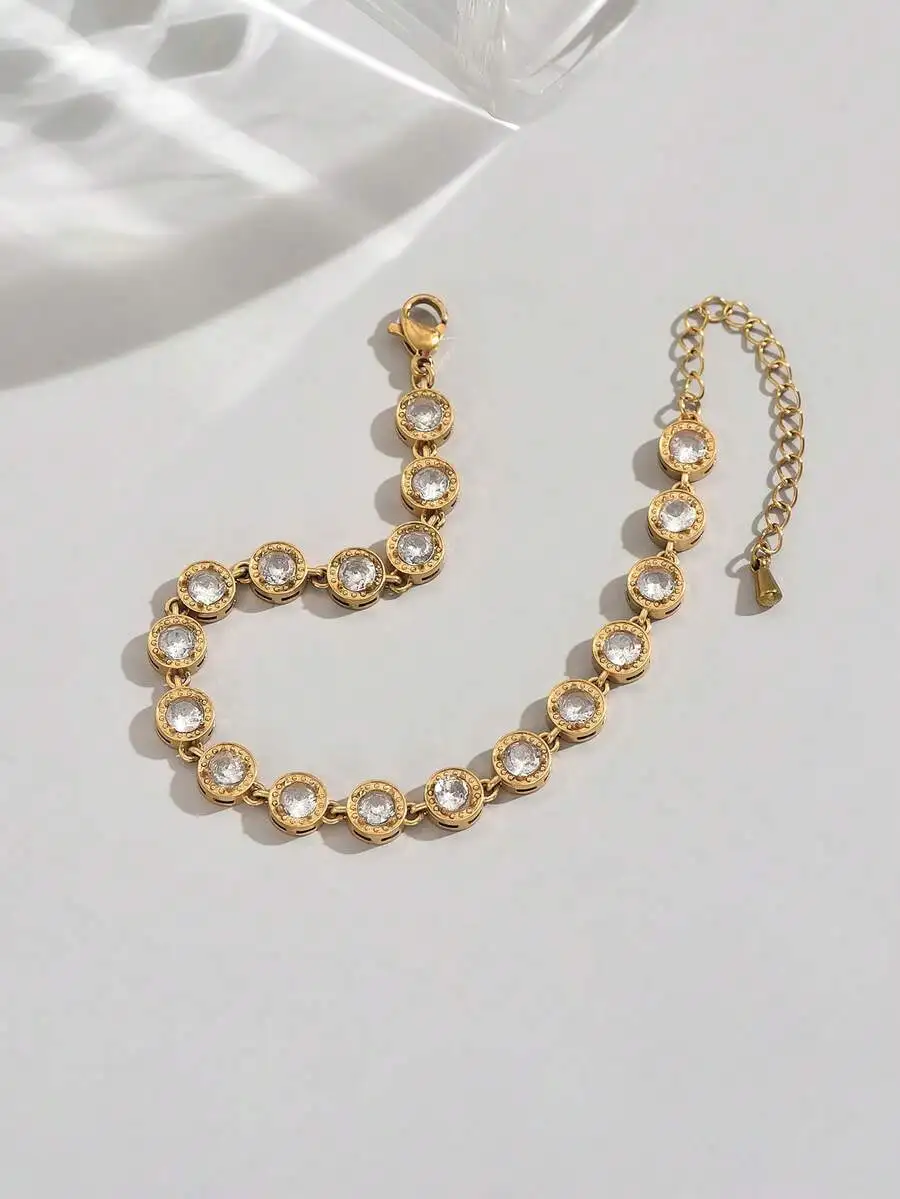 

Women Stainless Steel Round White Zirconia Chain Link Bracelet Fashion Jewelry