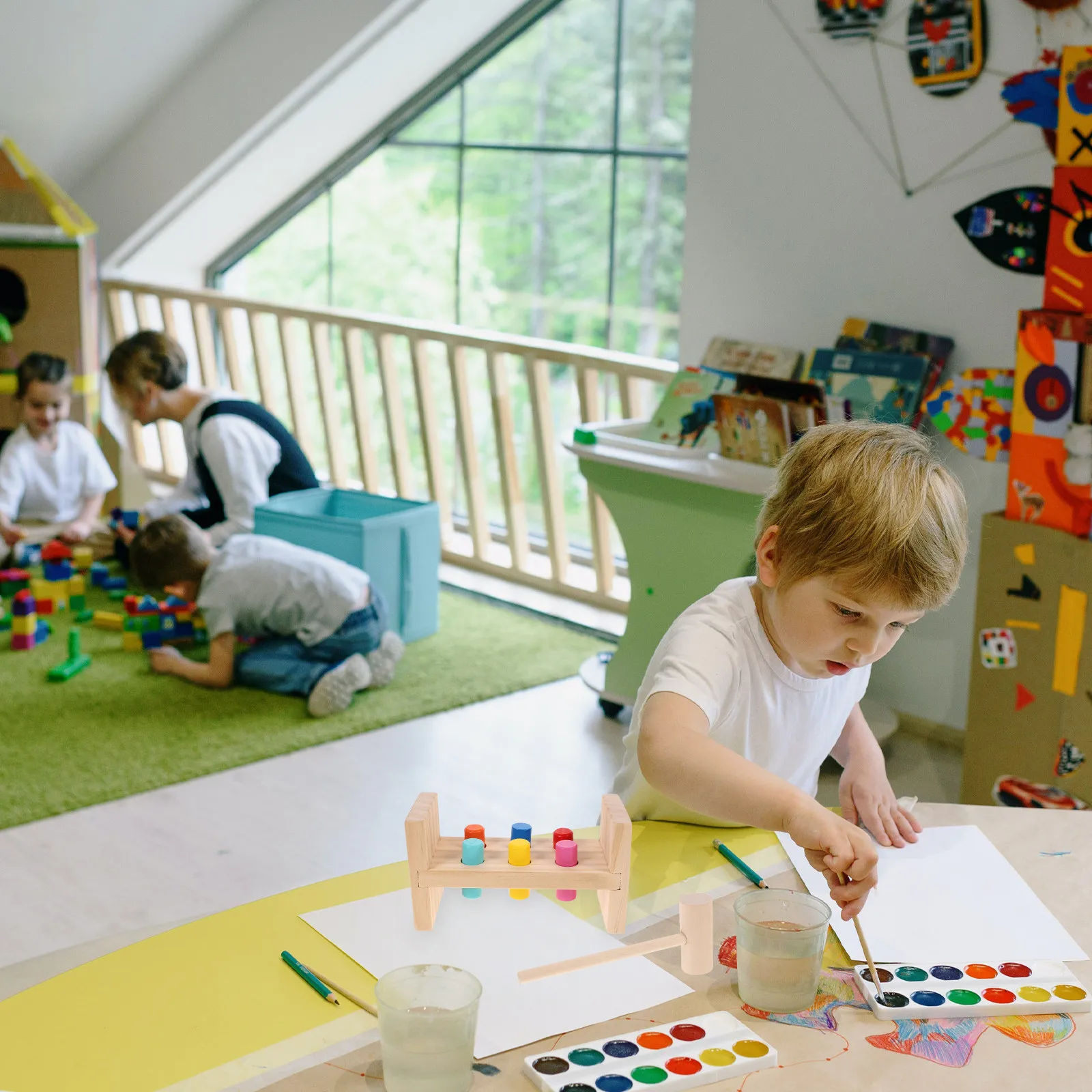 1Set Wooden Colorful Nail Platform Educational Percussion Playroom Accessory Cognitive Early Learning Interactive Hammering Game