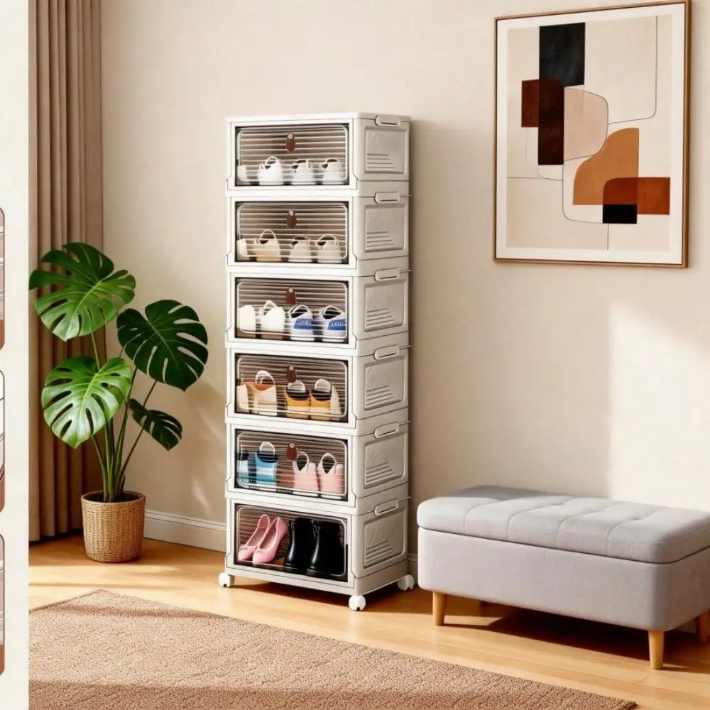 

Modern Rolling Shoe Cabinet With 3 To 6 Adjustable Shelves, Clear See-Through Doors, Non-Scratch Wheels, And Rounded Edges For
