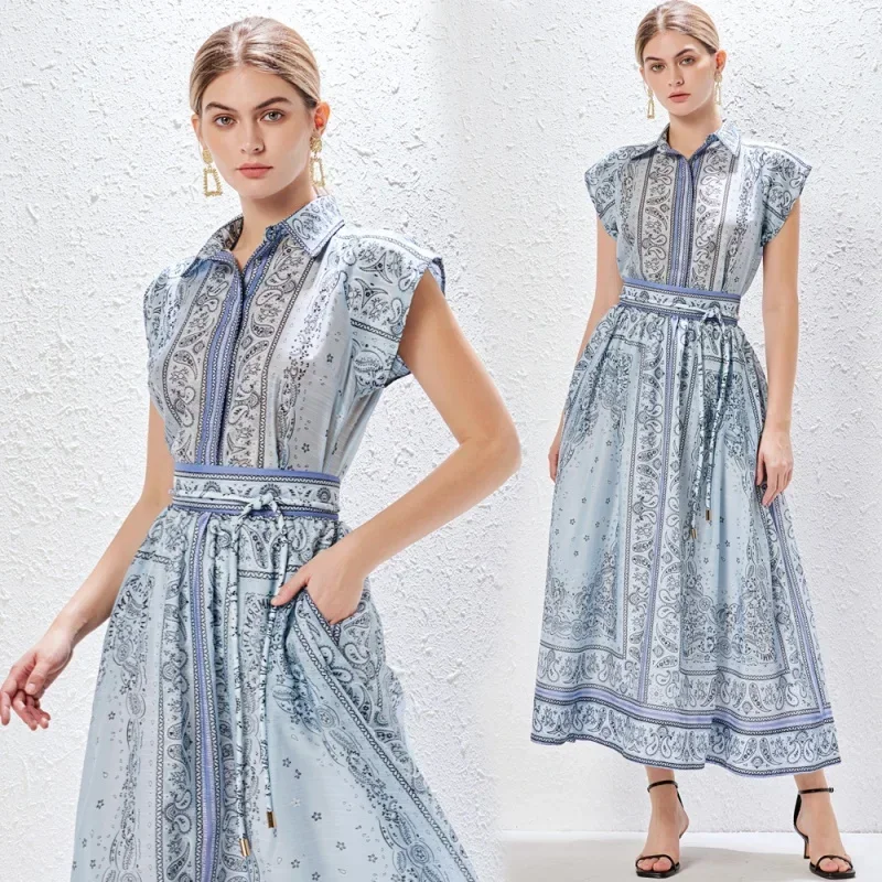 

Real shot spot2024Spring and Summer New Positioning Printed Two-Piece Suit High-End Shirt Top Lace-up Long Skirt