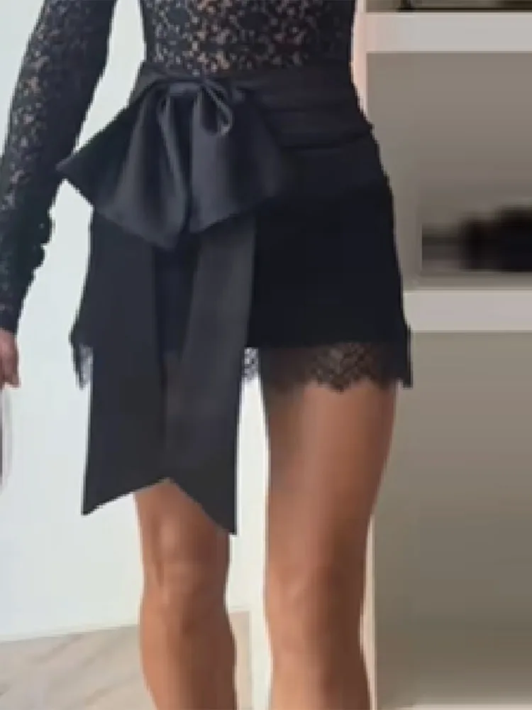 Zaza Set Gaun Mini Seksi Berbahan Jaring Transparan dengan Atasan Bodysuit Renda, Pita Satin, dan Rok Mini Renda untuk Pesta, Model Terbaru 2025 untuk Wanita