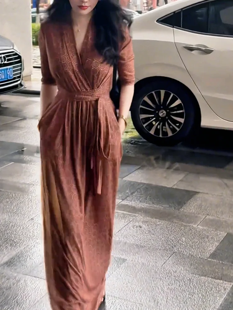 

Ретро-платье с V-образным вырезом, больших размеров, длинное, женское, модное, универсальное, летнее, новинка, в корейском стиле, для повседневной носки...