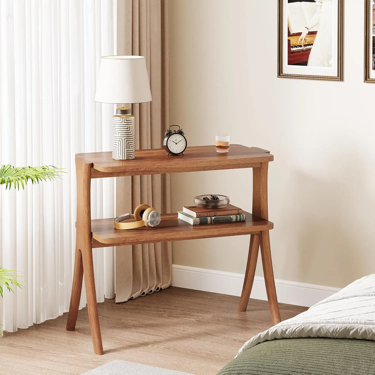 

Торцевой столик для фермерского дома с двухуровневой полкой для хранения и ножками из массива дерева, тумбочкой для спальни