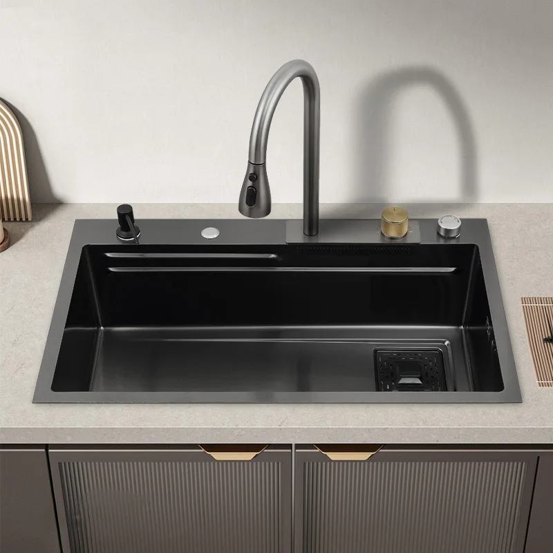 smart waterfall kitchen sink black nano 3040 stainless steel handmade sink kitchen with feiyu faucet thickening single bowl