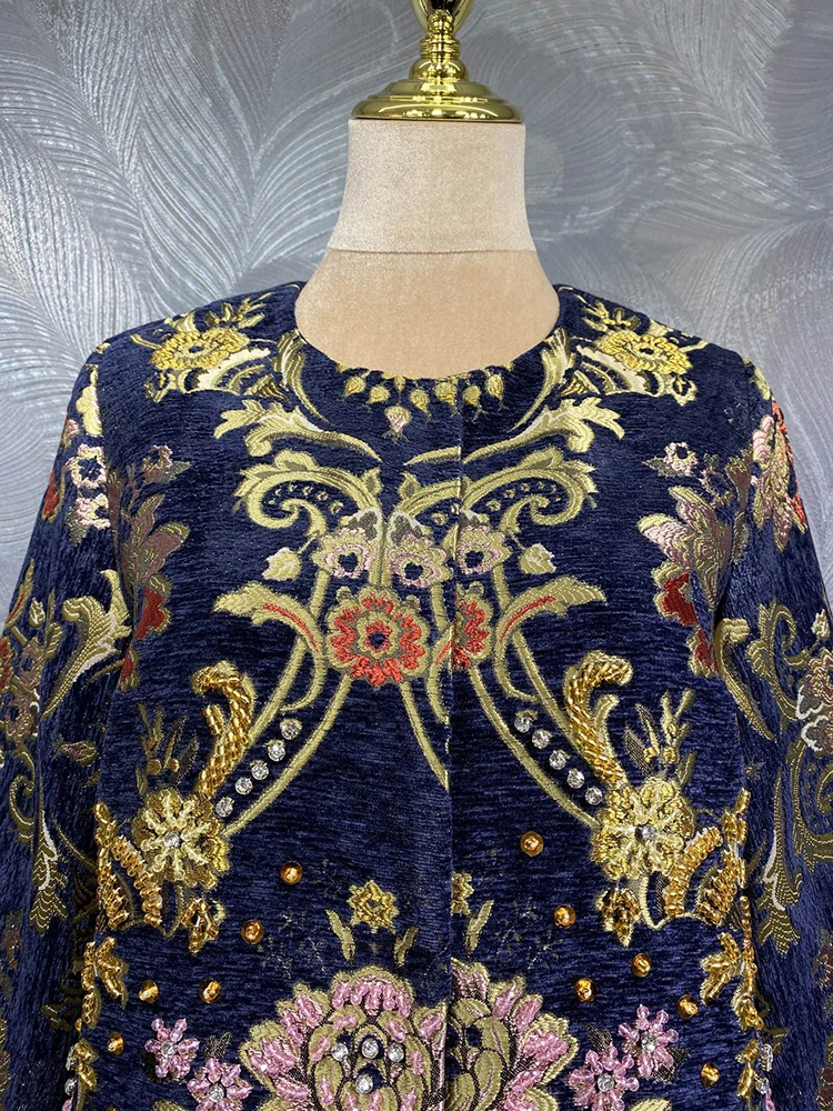 DLDENGHAN-abrigo Jacquard con cuentas de diamantes para mujer, cuello redondo, manga larga, botón oculto, ropa de abrigo Indie Folk, otoño