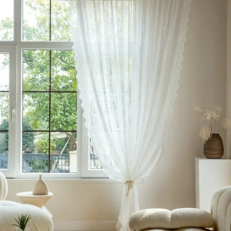 French Retro Transparent and Opaque Lace Studded Bead Gauze Curtain, Bedroom, Living Room, Balcony, Window Screen