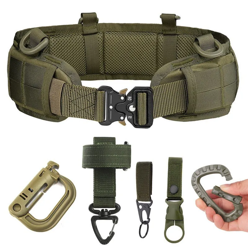 Tactical MOLLE Battle Belt Quick Release Heavy Duty Waist Belt with D-Ring & Multi Hooks for Hunting Camping CS Training