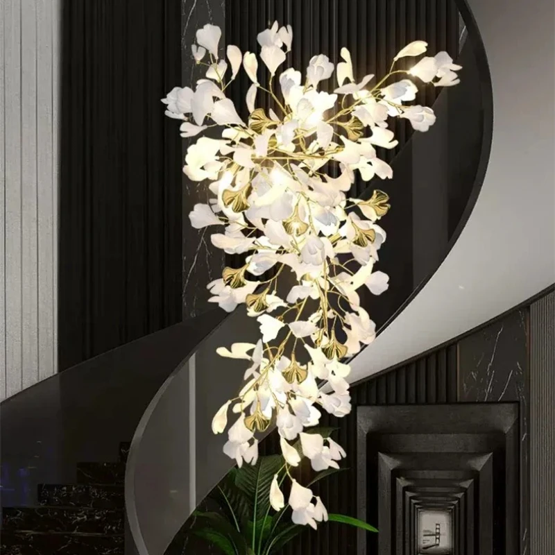 Lampadario di lusso con foglie di ginkgo Lampadari da soffitto per grandi hall dell'hotel Villa soggiorno sala da pranzo Lampada a sospensione per decorazioni per la casa con foglie creative