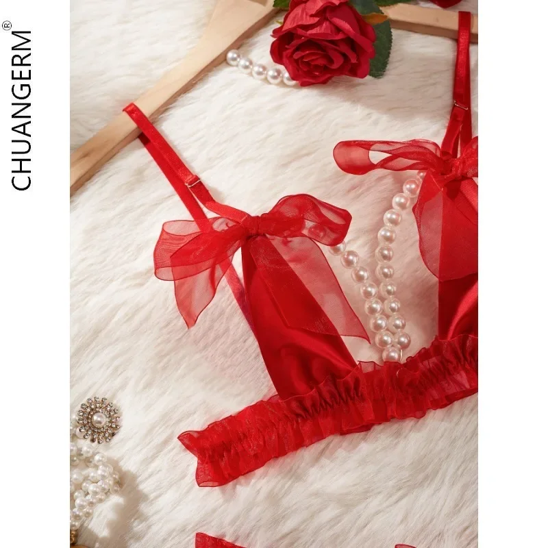 CHUANGERM Lace Fine Lingerie Erotic Hot Women's Underwear Pearl Chain Sexy Onlyfans Body Suit Bra Top Panties Set Intimates sexy