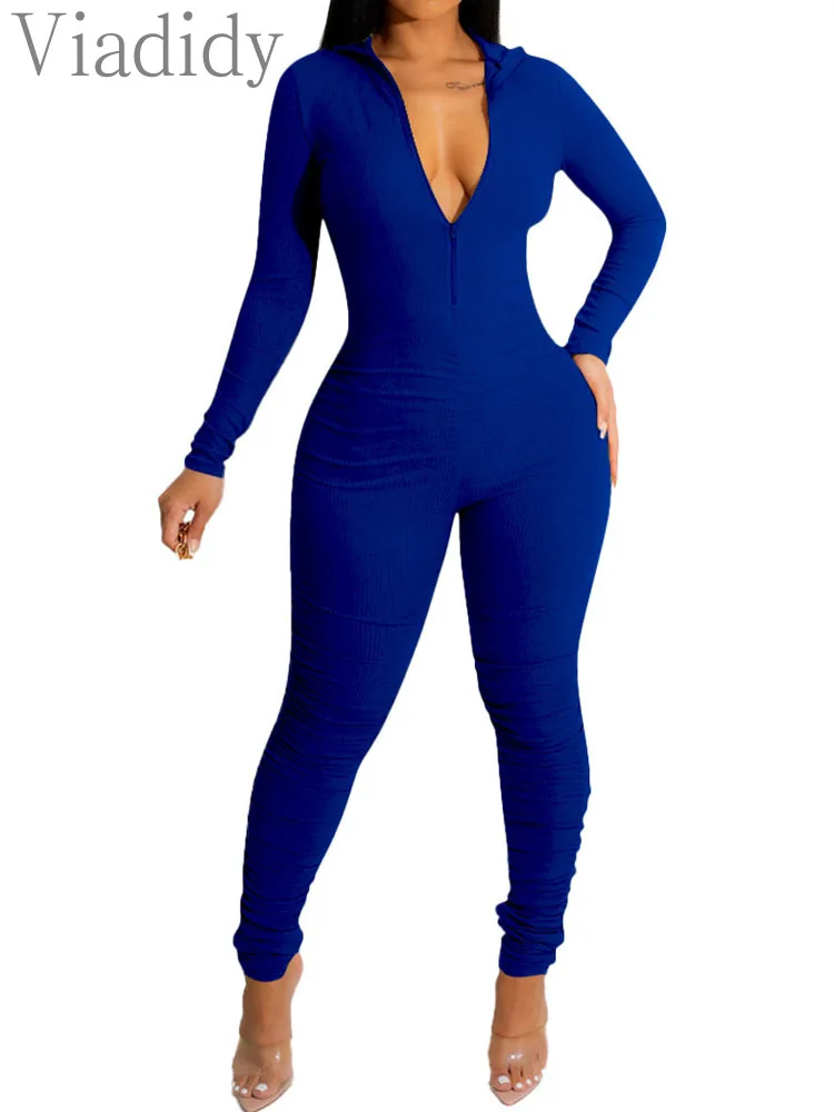 

Women Solid Color Front Zipper Skinny Jumpsuit