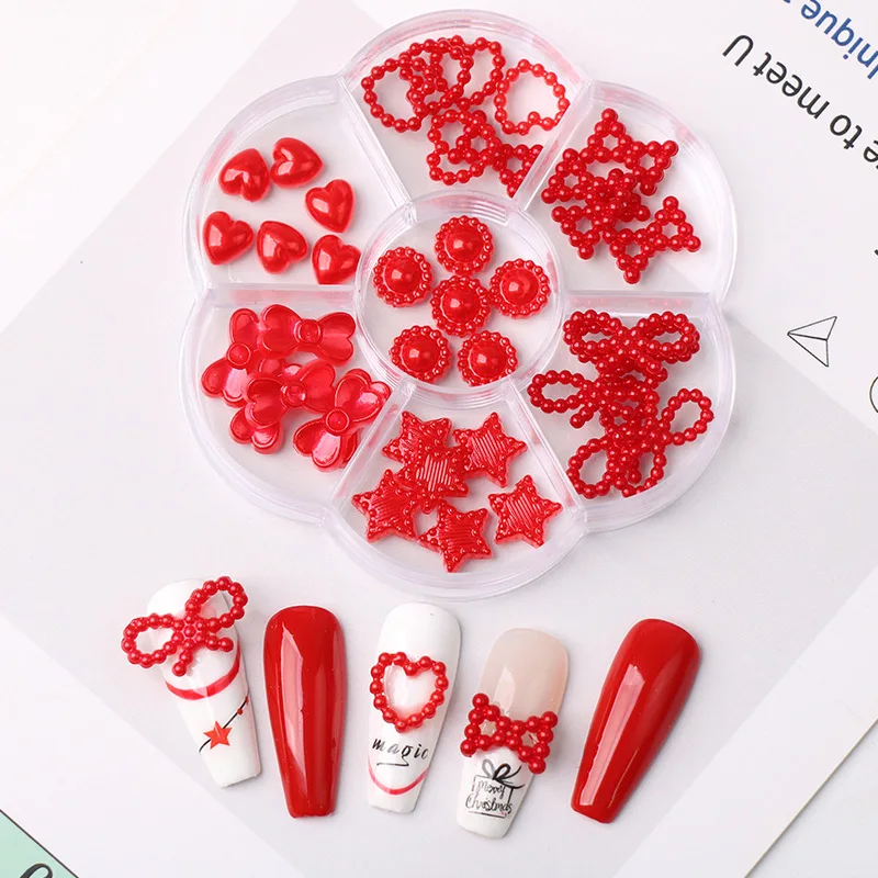 Ins Trendy Boxed Branco Rosa Pérola Oco Bow Nó Coração Five Point Star Resina DIY Nail Art Decor Acessórios New Year Supplies