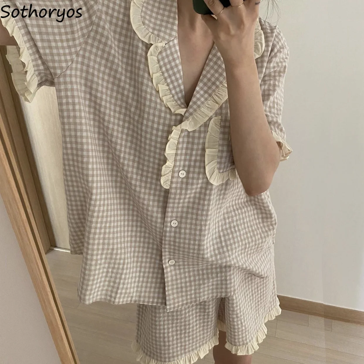

Women Pajama Sets Short Sleeve Plaid Bow Ruffles Designed Teens Sweet Kawaii Korean Style Loose Casual Cozy Sleepwear M-3XL Chic
