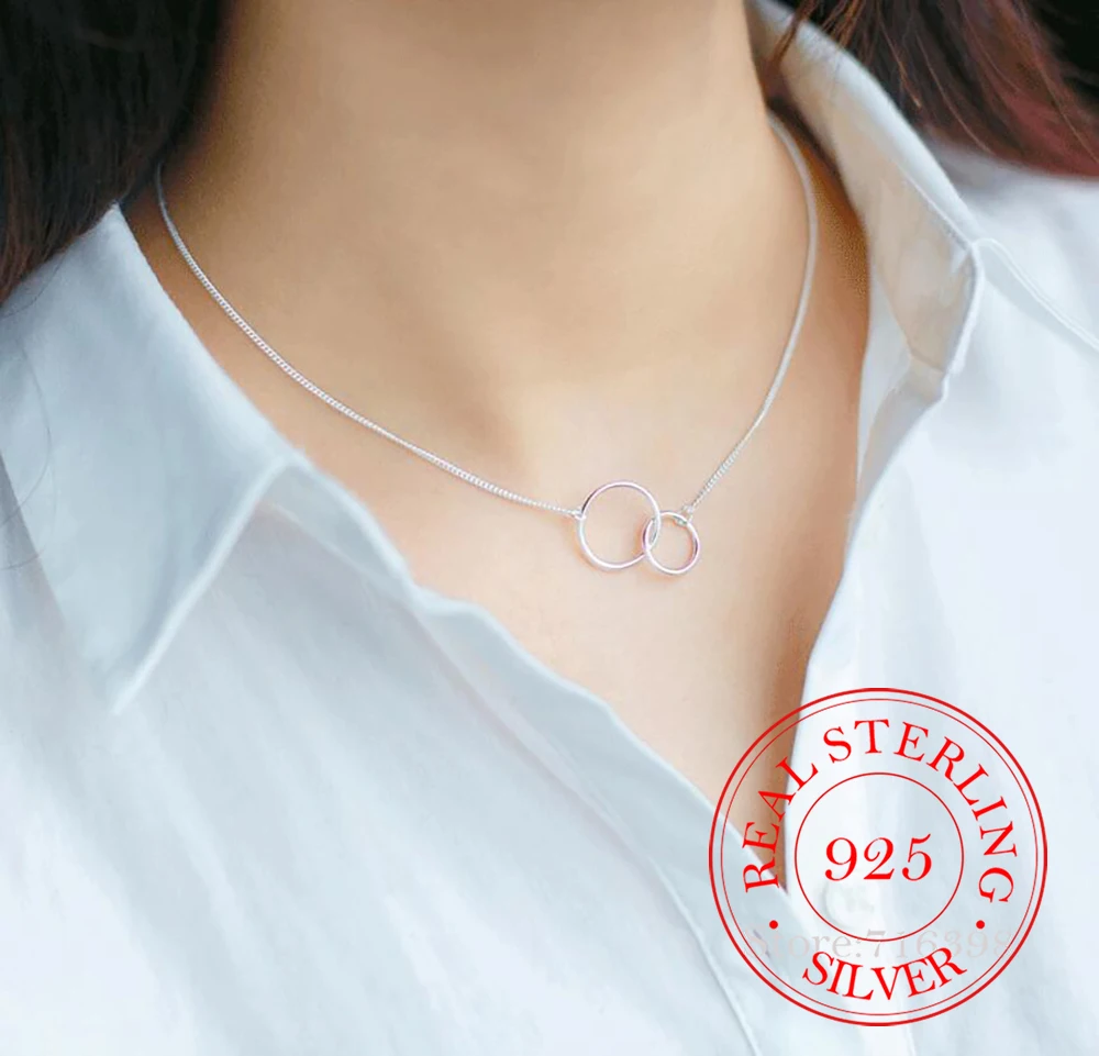 925 Sterling Silver Double Circle Interlock Clavicle Short Necklace silver 925 Jewelry For Women collares para mujer plata 925