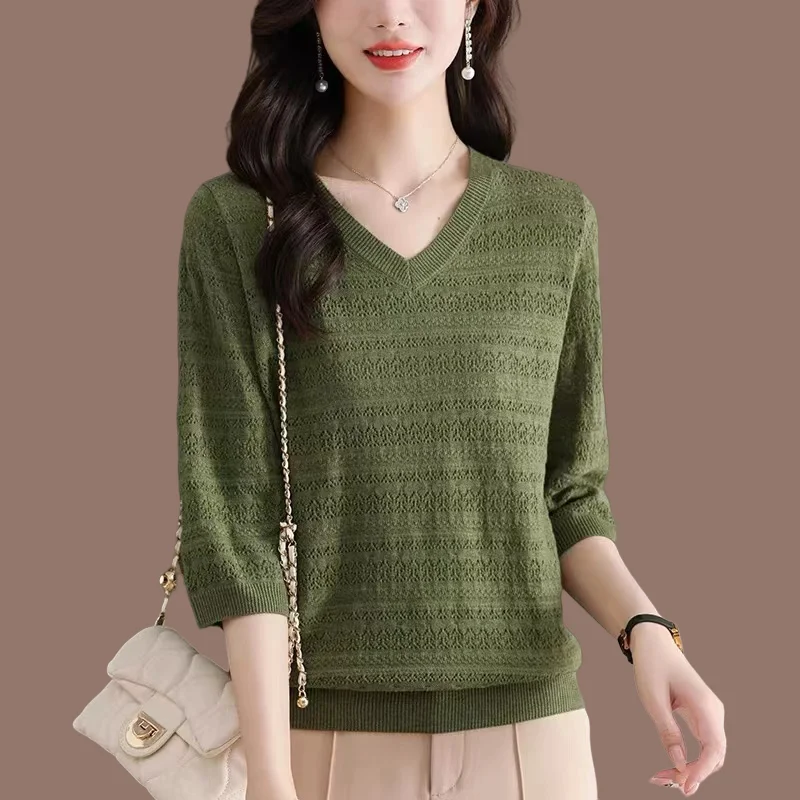 

V-neck T-shirt for Women Loose Large Size Hollow New Top Trendy Quarter Sleeve Knitted Sweater