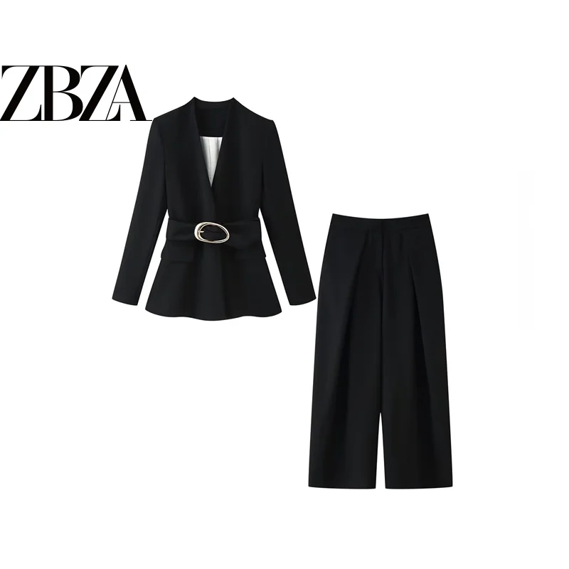 Wide Leg Pants Suit Coat with Belt Women's Fashion Set ZR Style Pleated High Waist Design Autumn Collection 2026