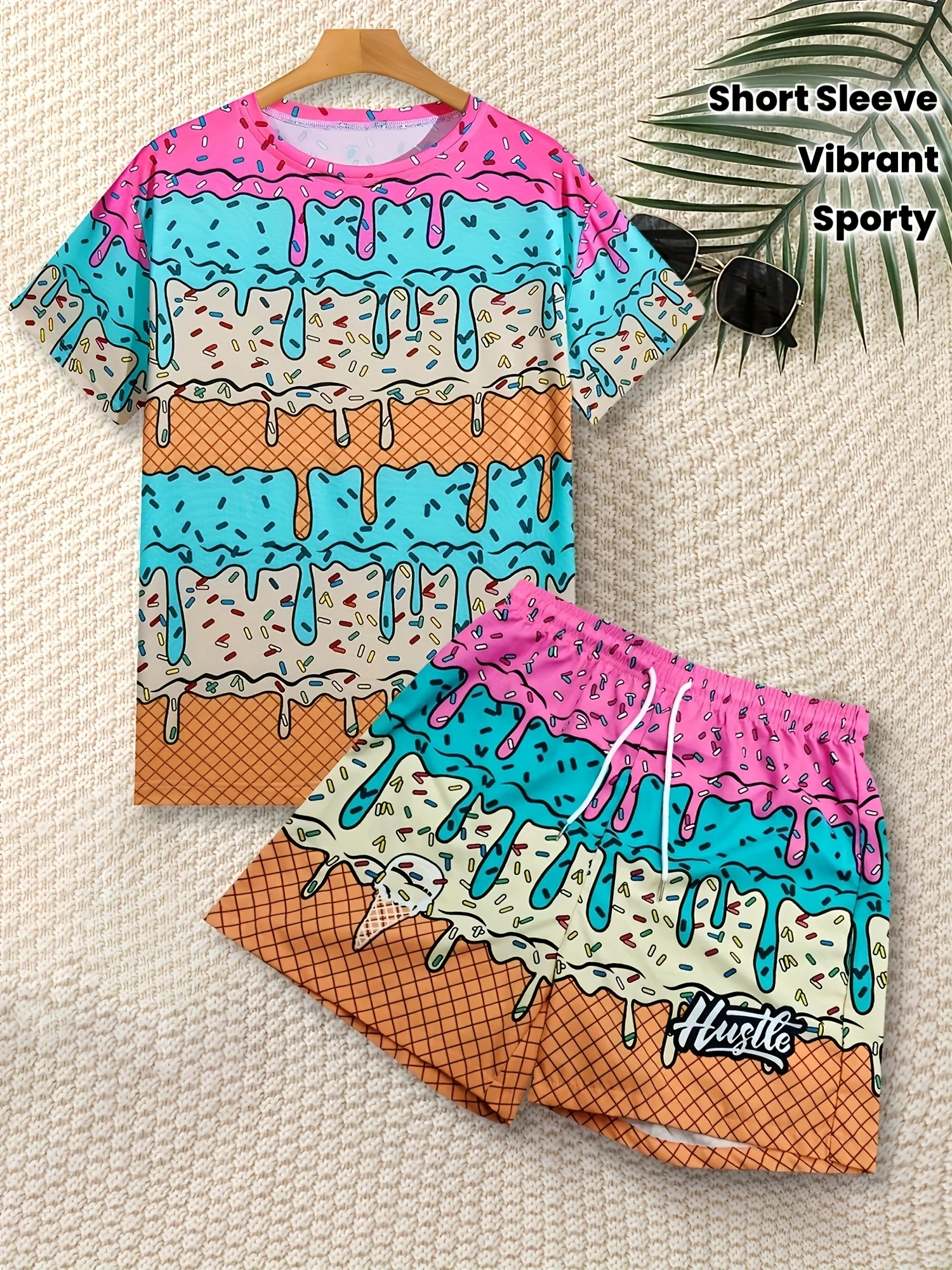 2026 Summer New Men's Ice Cream Drip Print T-Shirt & Shorts Set Y2k Oversized Casual Suit Suitable for Daily and Training Wear