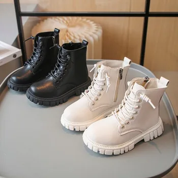 子供の厚底アンクルブーツ,黒革のブーツ,滑り止め,厚底,カジュアル,学校のファッション,秋,冬