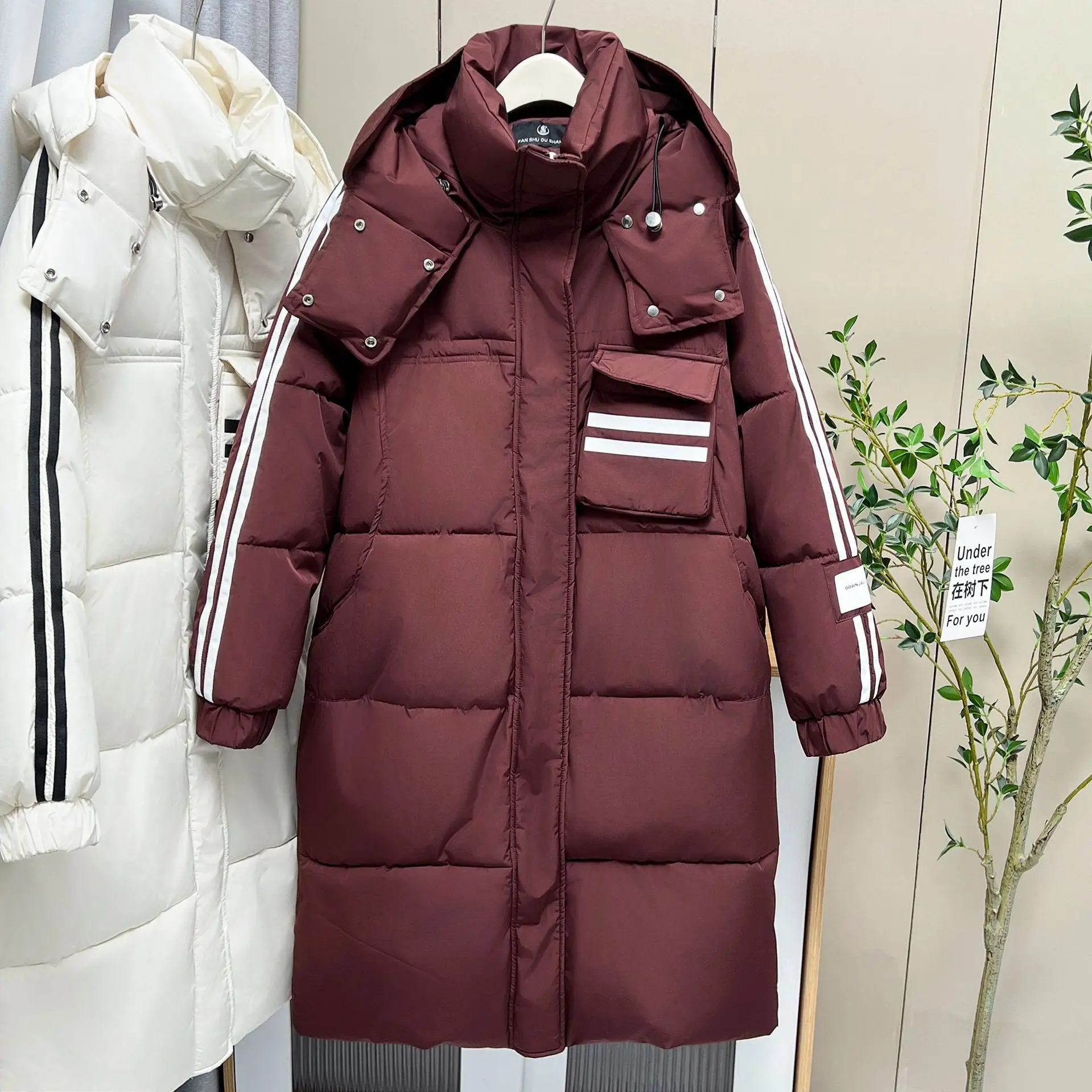 Plus Size Women X-Long Parka Winter New Loose Hooded Preppy Style Fashion Sleeves Two White Stripe Cotton-padded Jacket 8908