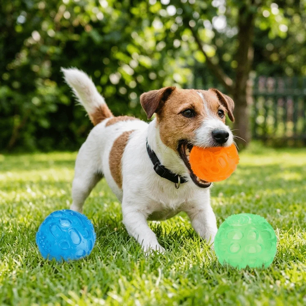 3Pcs TPR Hollow Dog Chew Ball Bite Tough Sound Producing Pet Teething Multi Color Elastic Round Pet Interactive Ball
