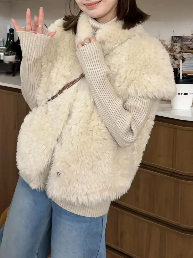 

Korean Sle Lazy eepskin Vest ort Commute Quali Autumn Winter New Faion Women's Casual Woolen Jaet Top