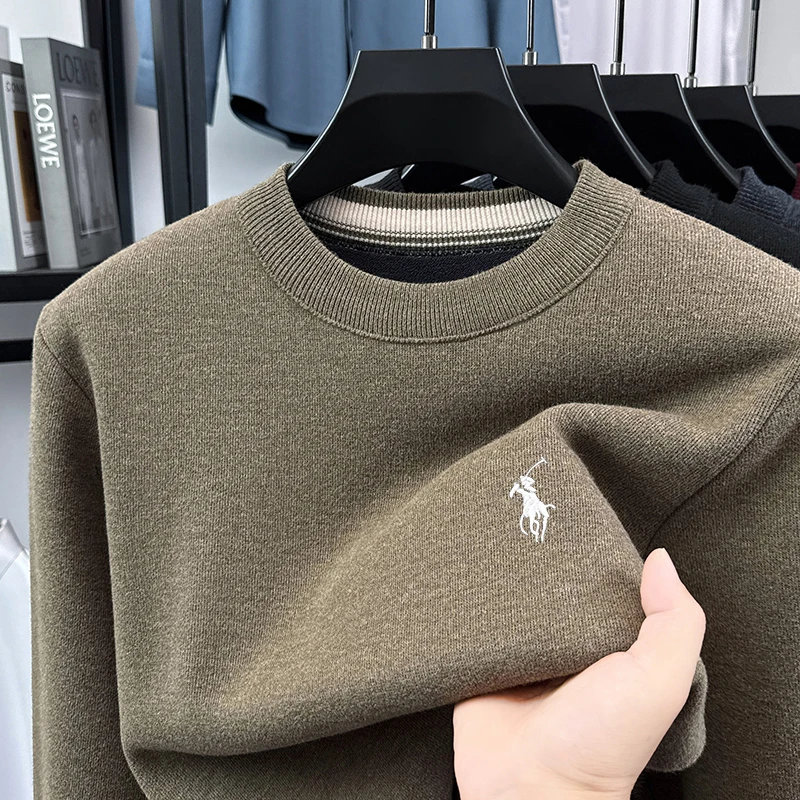 เสื้อสเวตเตอร์หนาสำหรับผู้ชาย เสื้อผ้าฤดูหนาว ถักจากขนสัตว์แท้ เสื้อสเวตเตอร์แบบชิ้นเดียว ผ้ากำมะหยี่