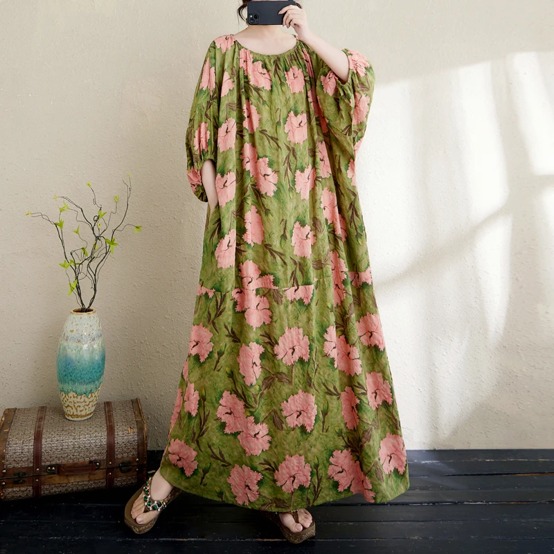 

Длинный халат из хлопка и льна с принтом больших размеров, свободное мясо, скрывающий праздничный халат для похудения, большая версия, длинная юбка