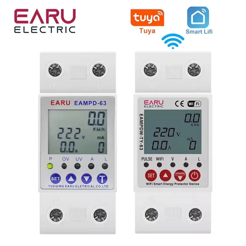 TUYA APP WiFi Smart Breaker Circuit 2P 63A perdita di terra protezione da sovratensione interruttore relรจ di corrente regolabile misuratore di kWh