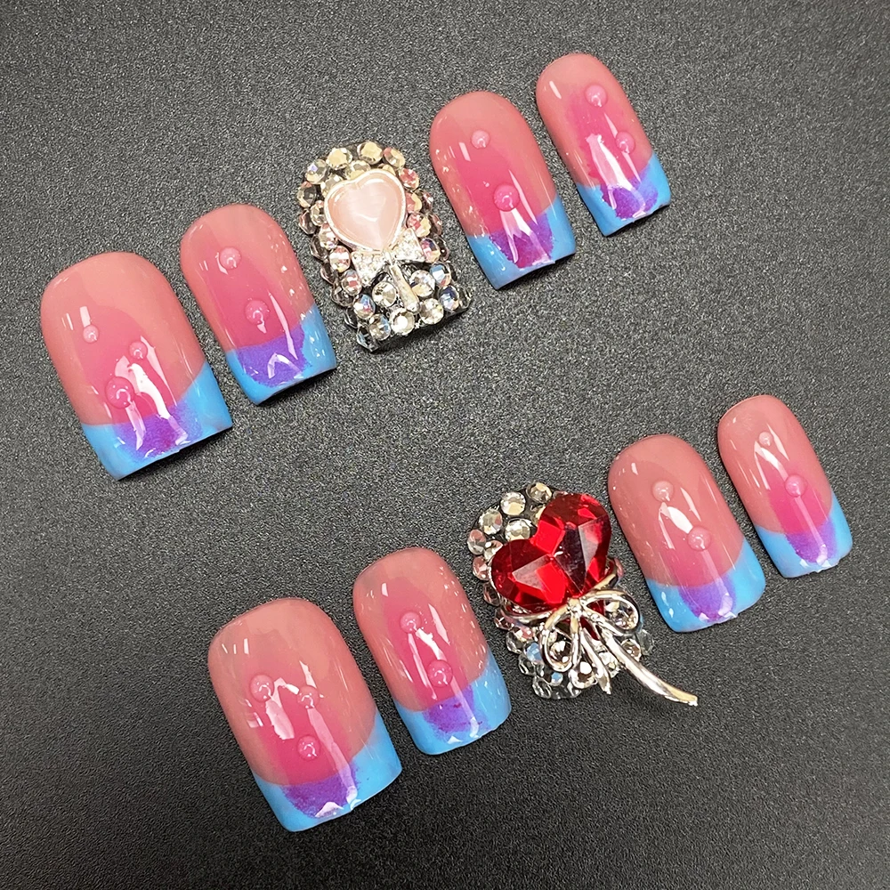 

Шикарные милые короткие накладные ногти ручной работы, полностью покрытые, толстые акриловые, квадратные, роскошные, глянцевые, в стиле балерина, с клеем