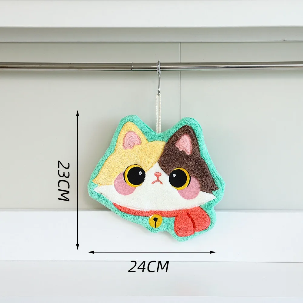 Durable Cute Cat Hand Towel Coral Fleece Soft Toilet Handkerchief Strong Water Absorption Hanging Style Washcloth Kitchen