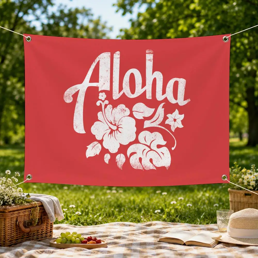 Aloha Hibiscus Design Flags Wall Hanging Flag Banner for Bedroom Dorm Living Room Party Festival Camping Indoor Outdoor Decor