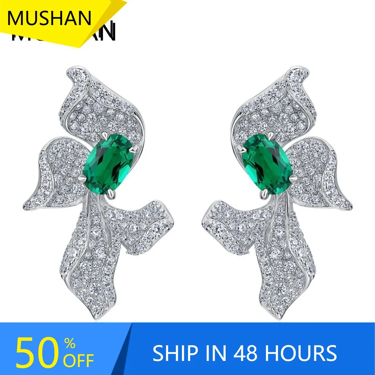 MUSHAN Jewelry Fine S 925 Sterling Silver Stud Earrings For Women Inlaid Lab Grown Emerald Exaggerated Flower Earrings Wholesale