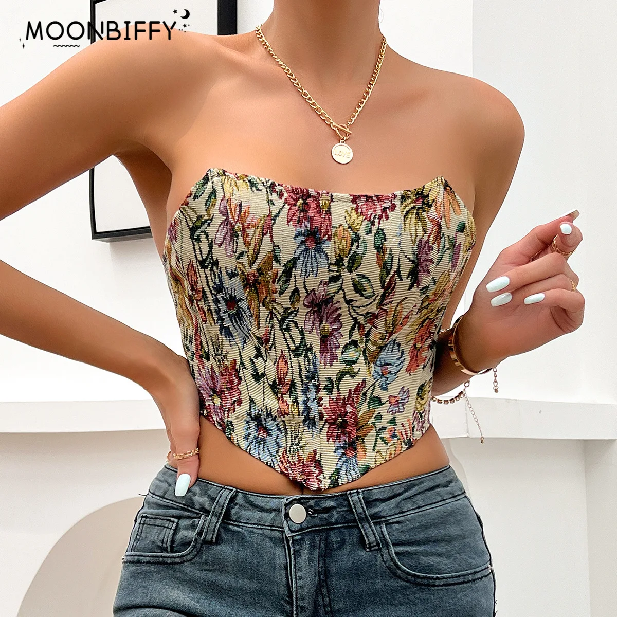 

French Court Print Corset Crop Tops Back Strap Slim Bustier Summer Vintage Sleeveless Vest Women Clothes Tank Top Bodycon Camis