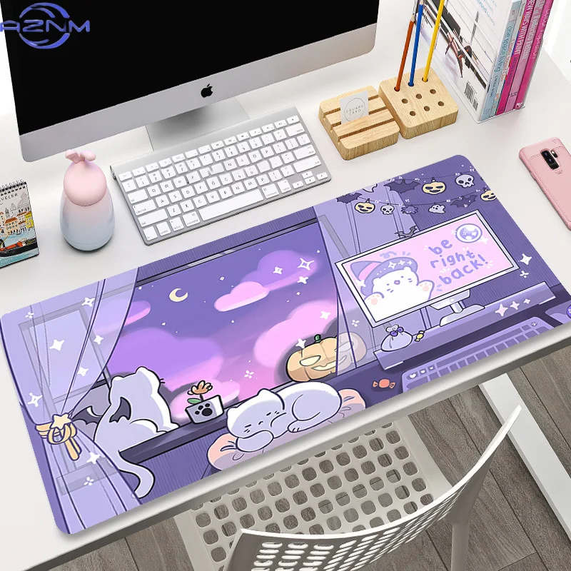 Niedliches Katzen-Computer-Mauspad Gamer-Mauspad Lila Kunst Groß 90x40 Kawaii Mausmatte XXL Mause-Teppich PC-Zubehör Schreibtischunterlage