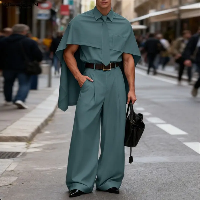 

Мужской костюм INCERUN: однотонная рубашка-накидка с коротким рукавом и широкими брюками, 2 предмета, уличный стиль, свободный крой, модный мужской комплект