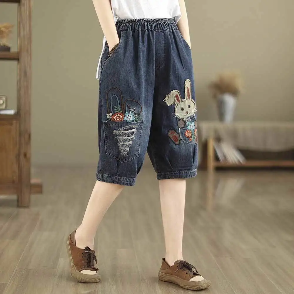 

Летние джинсовые шорты с этнической вышивкой для женщин, свободные повседневные шаровары на шнурке, 5-минутные брюки средней длины