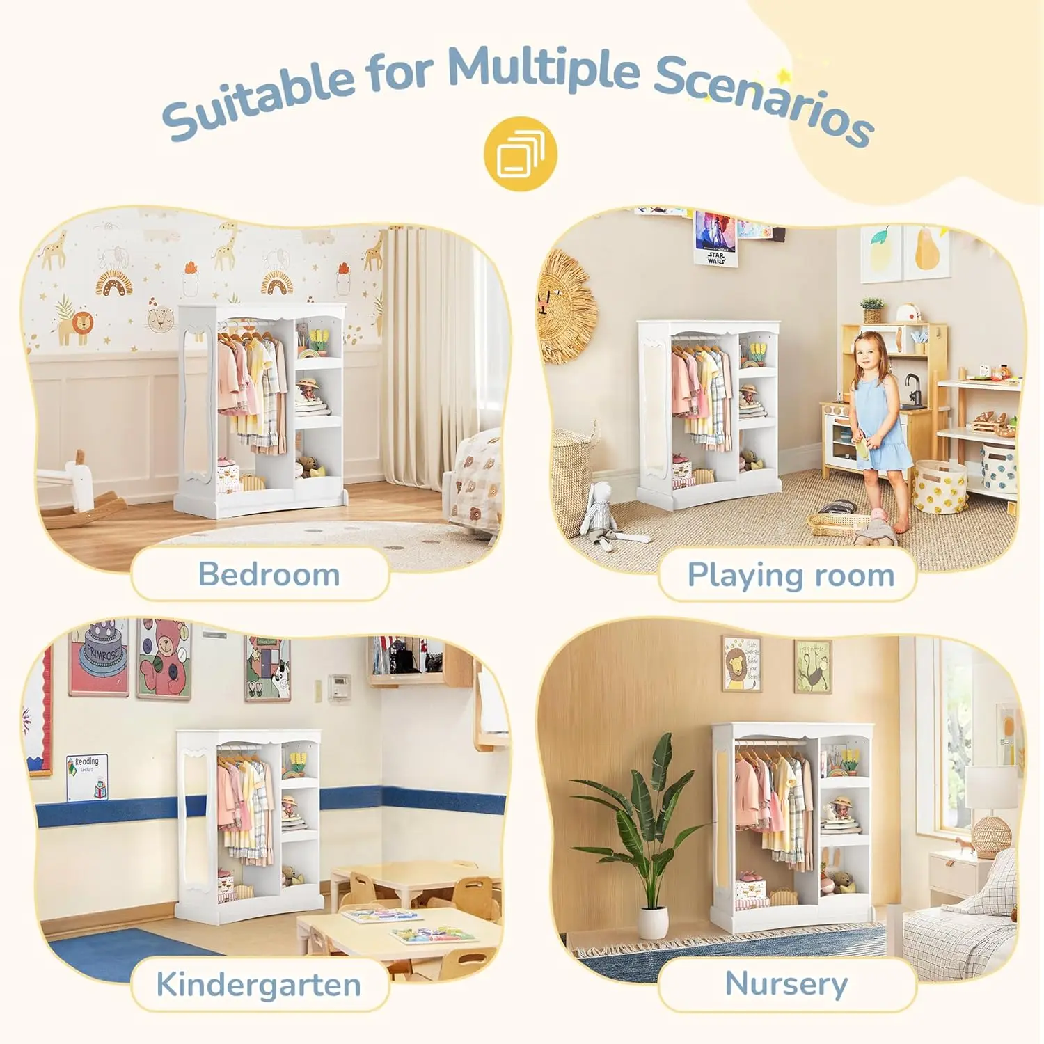 مساحة تخزين للأطفال مع مرآة زهور، وخزانة ملابس مفتوحة، باللون الأبيض