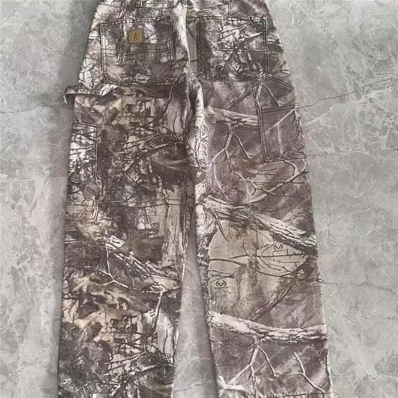2025 New Style Washed Outdated Camouflage Logging Work Pants Branch Leaf Print Long Straight Leg Zipper Fly Sportswear