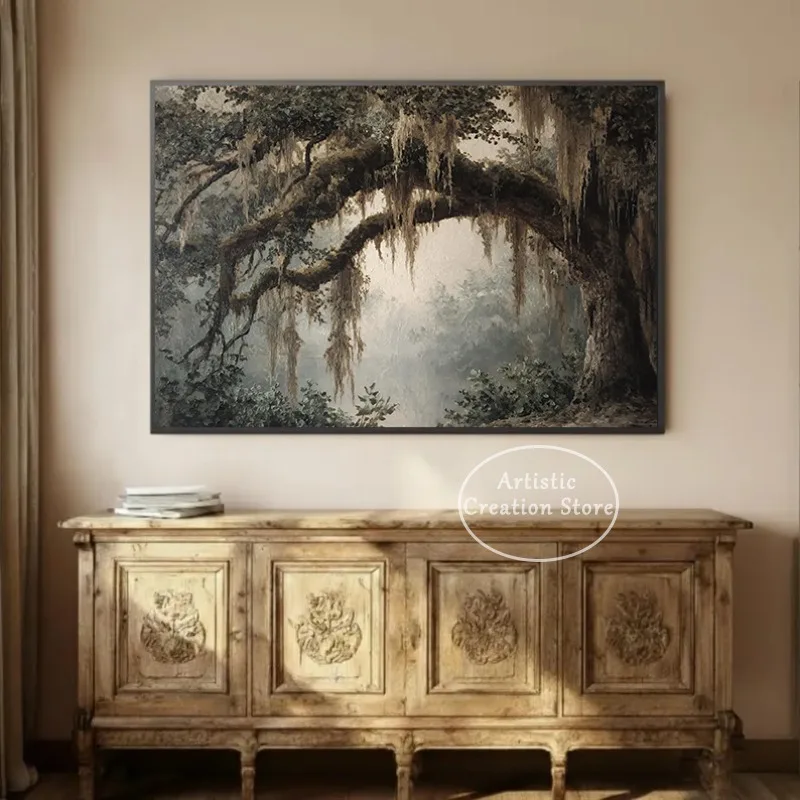 Vintage Southern Misty Forest Oak Tree Gothic Woodland Nature Landscape Poster Canvas Painting Wall Art Pictures Home Decor