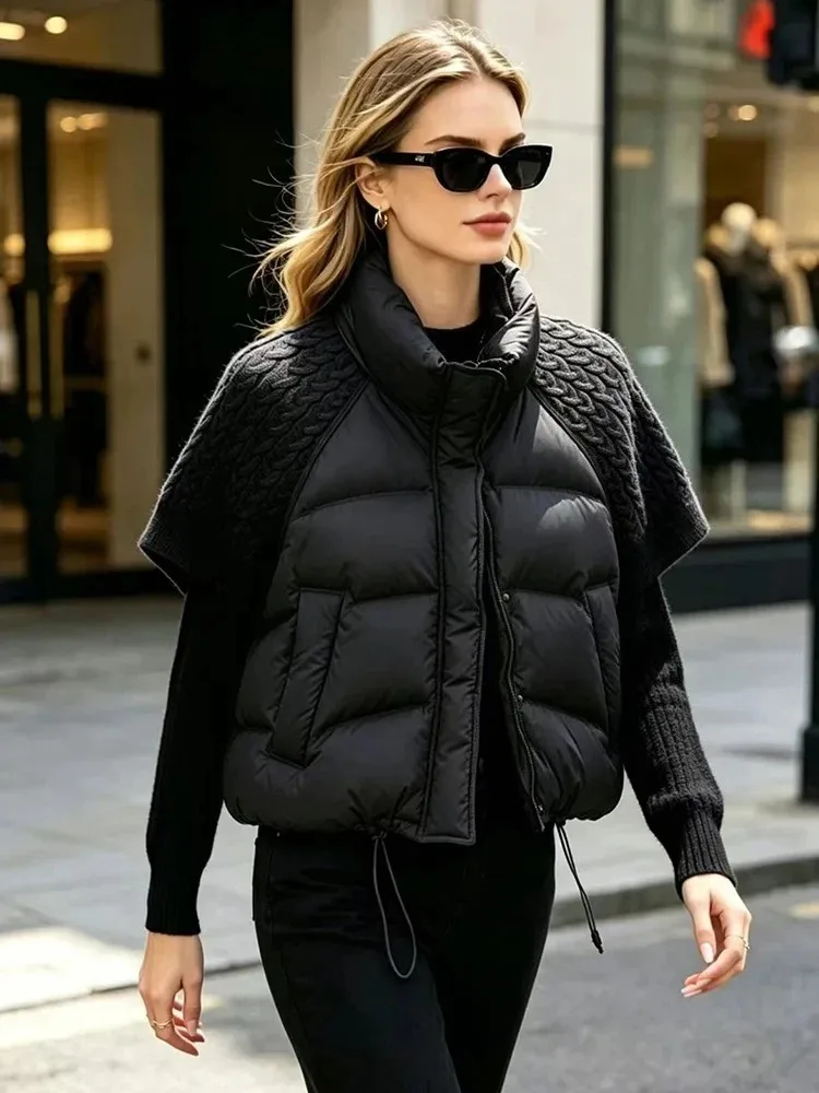 Short Puffer Jacket Sleeveless Duck Down Coat Warm Lightweight Patchwork Knitted Warm Drawstring Short Puffer Down Waistcoat