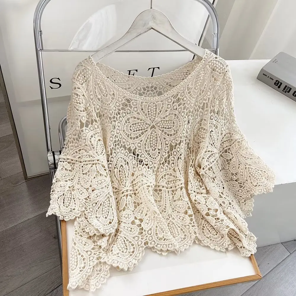 

Spring Summer New Hooked Floral Hollow Short Cotton Blend Open Cardigan Sun Protection Versatile Loose Outerwear Knitted Top