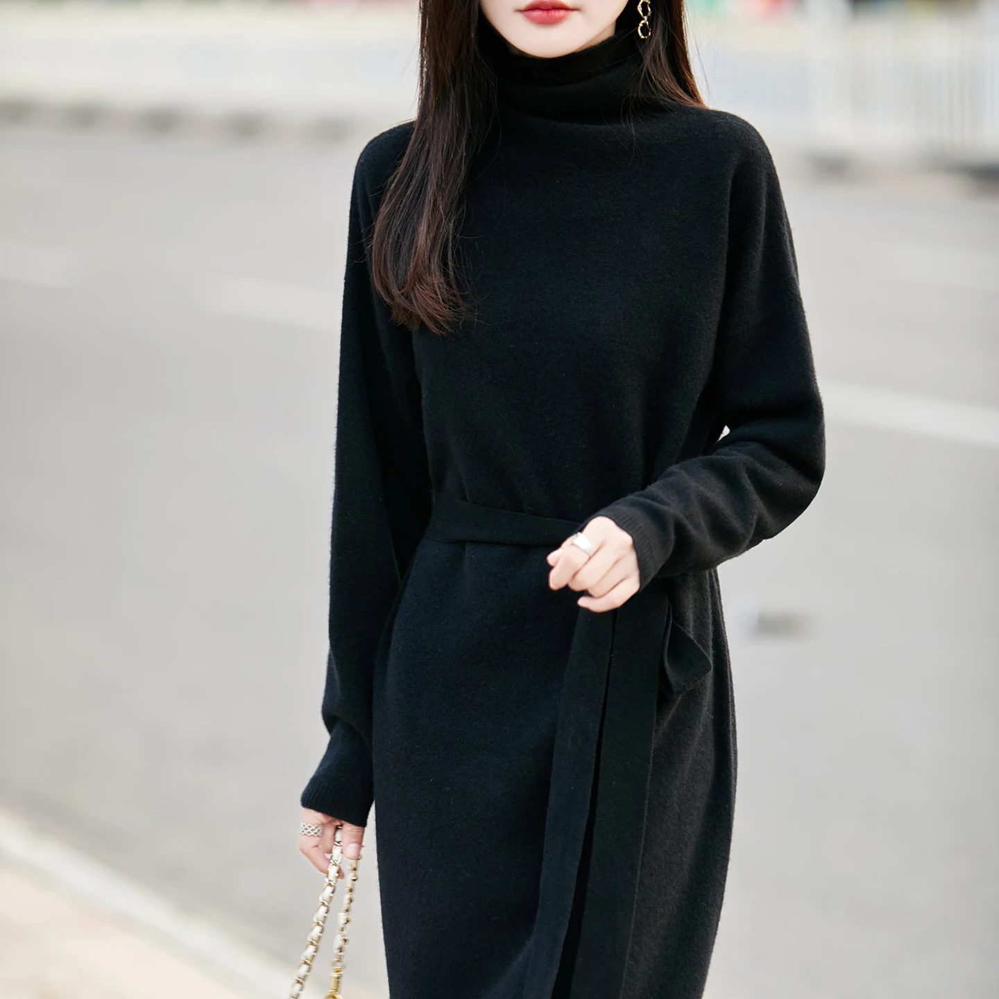 S-XXL Nowa Sukienka Swetrowa Damska z Wysokim Kołnierzem, Dzianina ze 100% Czystej Wełny, Długa, Dopasowana, Jednolita, Jesienno-Zimowa Sukienka Pulower Damska