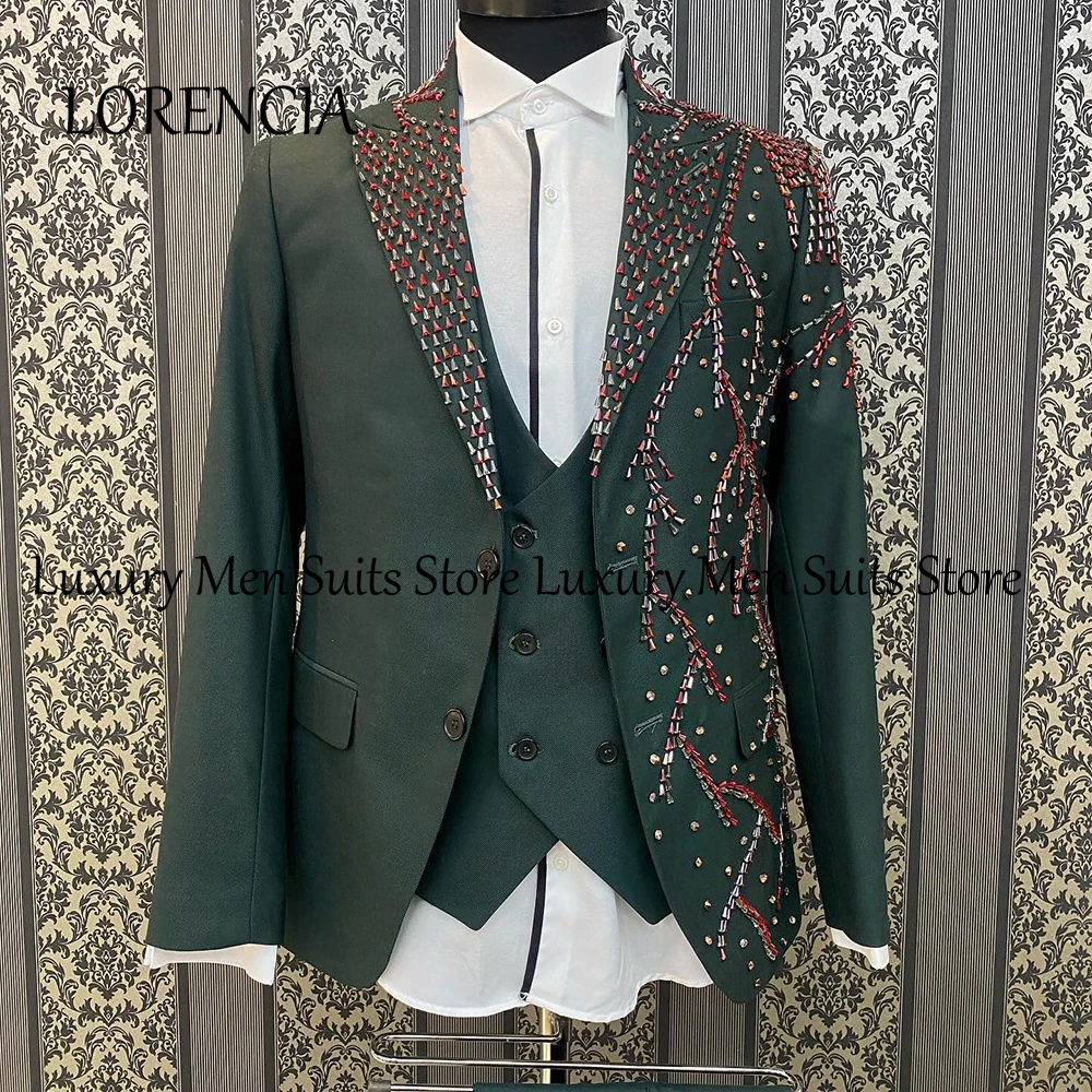 

Exquisite Beading Suit for Male 3 Piece Peak Label Wedding Groom Tuxedos Men Clothing Customized Blazer Pants Vest ropa hombre