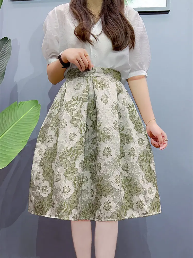 Small Fresh Female Pleated Skirt New Spring Summer High Waist Puff Skirt Elegant Flowers Embroidery Jacquard A-line Casual Skirt