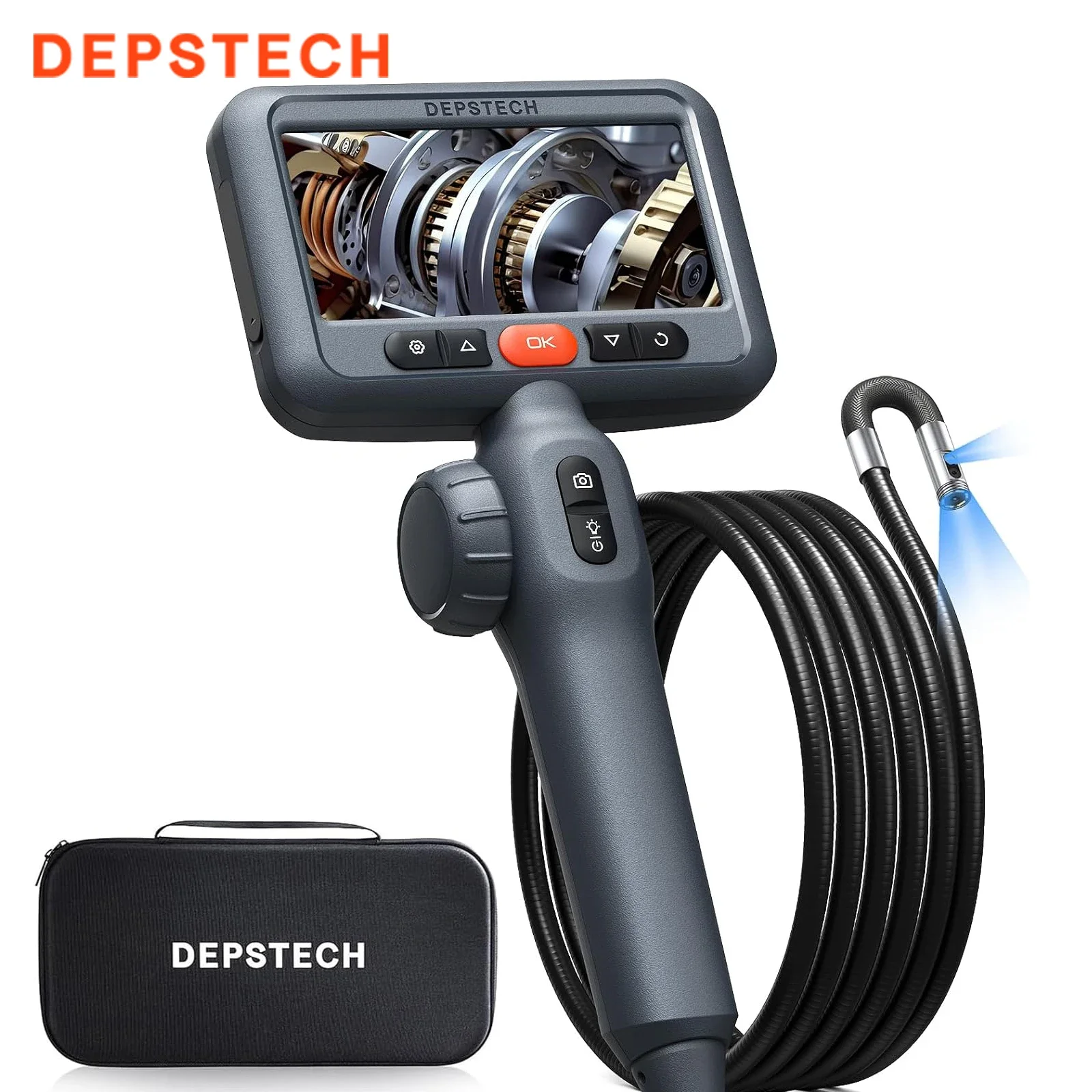 DEPSTECH DS650-DL-1.5M 1080P Endoscope, 4.5-inch IPS Screen, Two-Way 210° Articulating, 8.5mm Dual Lens, 1.5X Zoom, 32GB TF Card